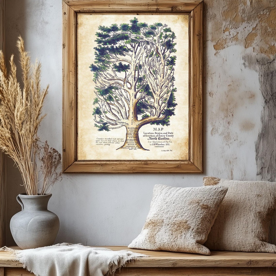North Carolina 1851 County Tree Map Vintage Genealogy Poster