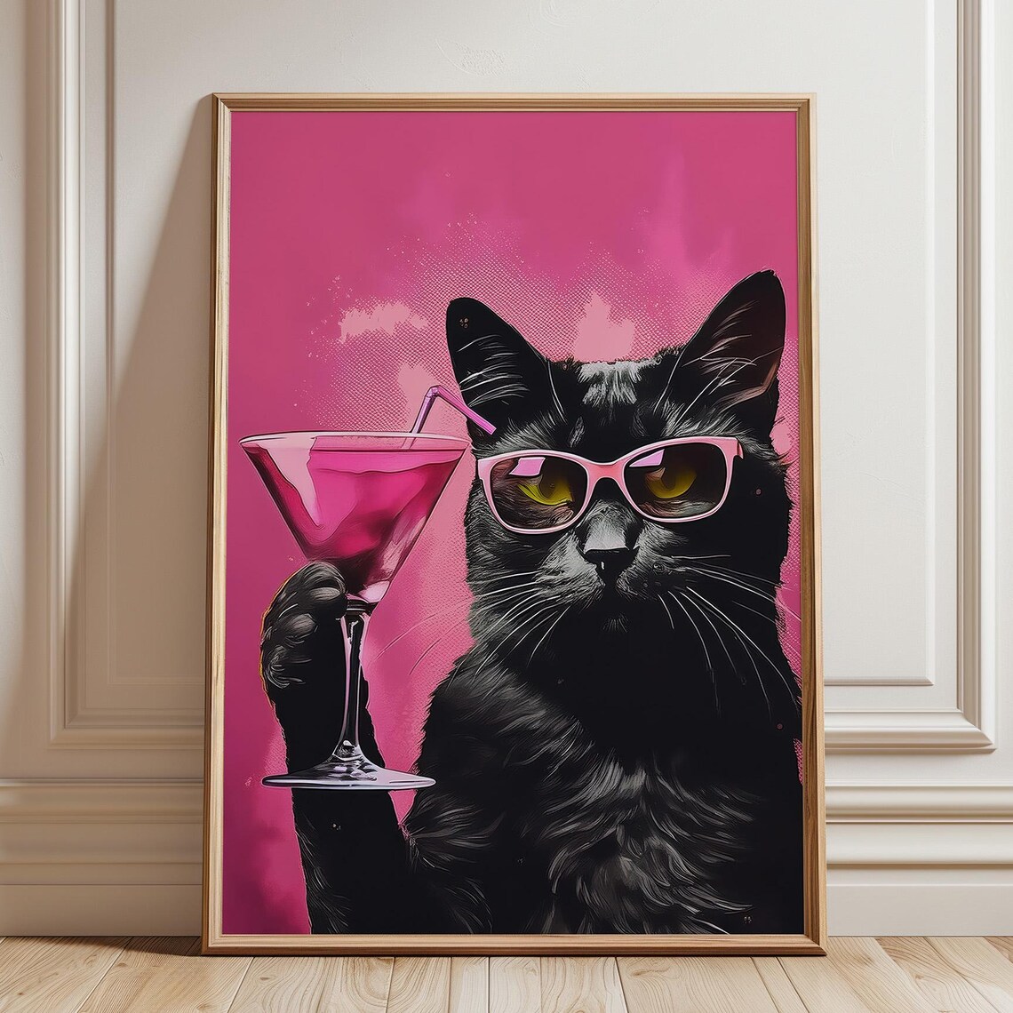 Black Cat Funny Cocktail Poster, Pink Eclectic Decor