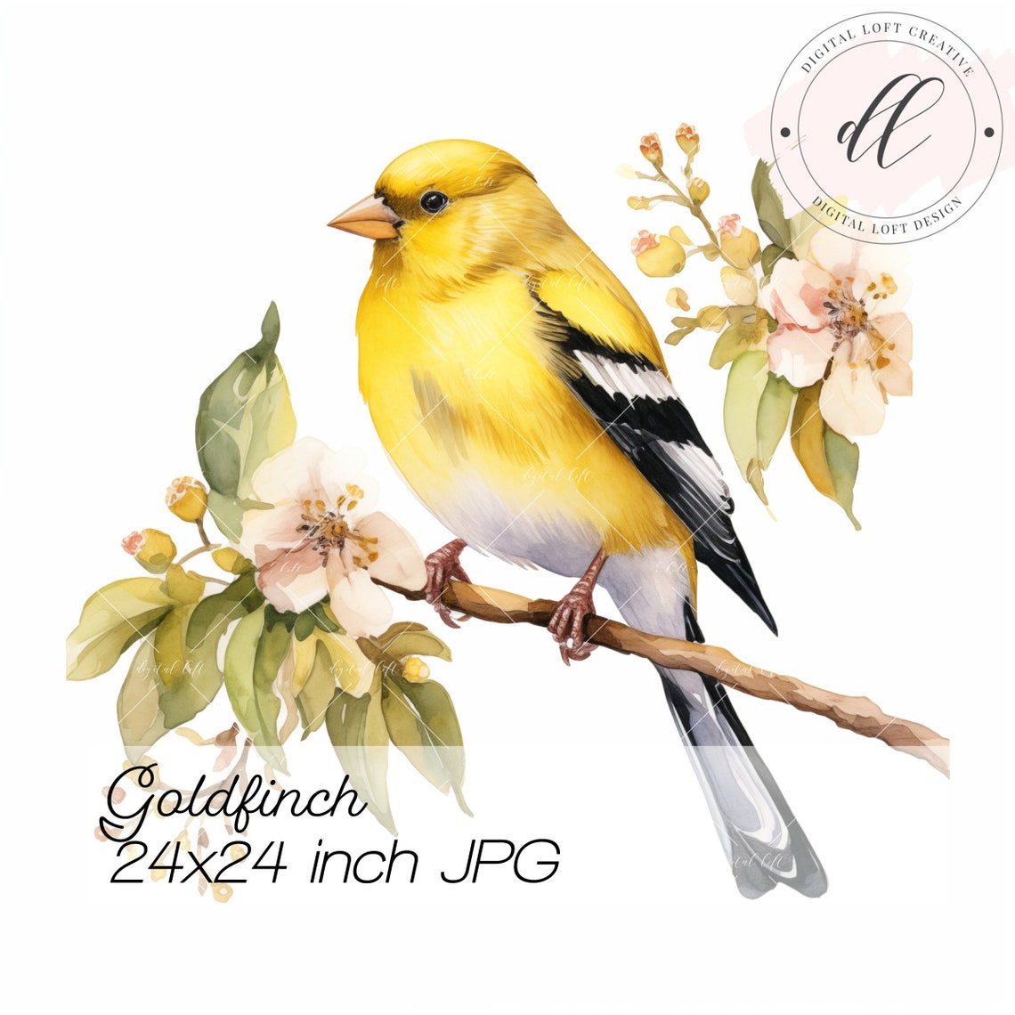 Goldfinch Watercolor Flowering Branch Wildlife Bird Wall Art