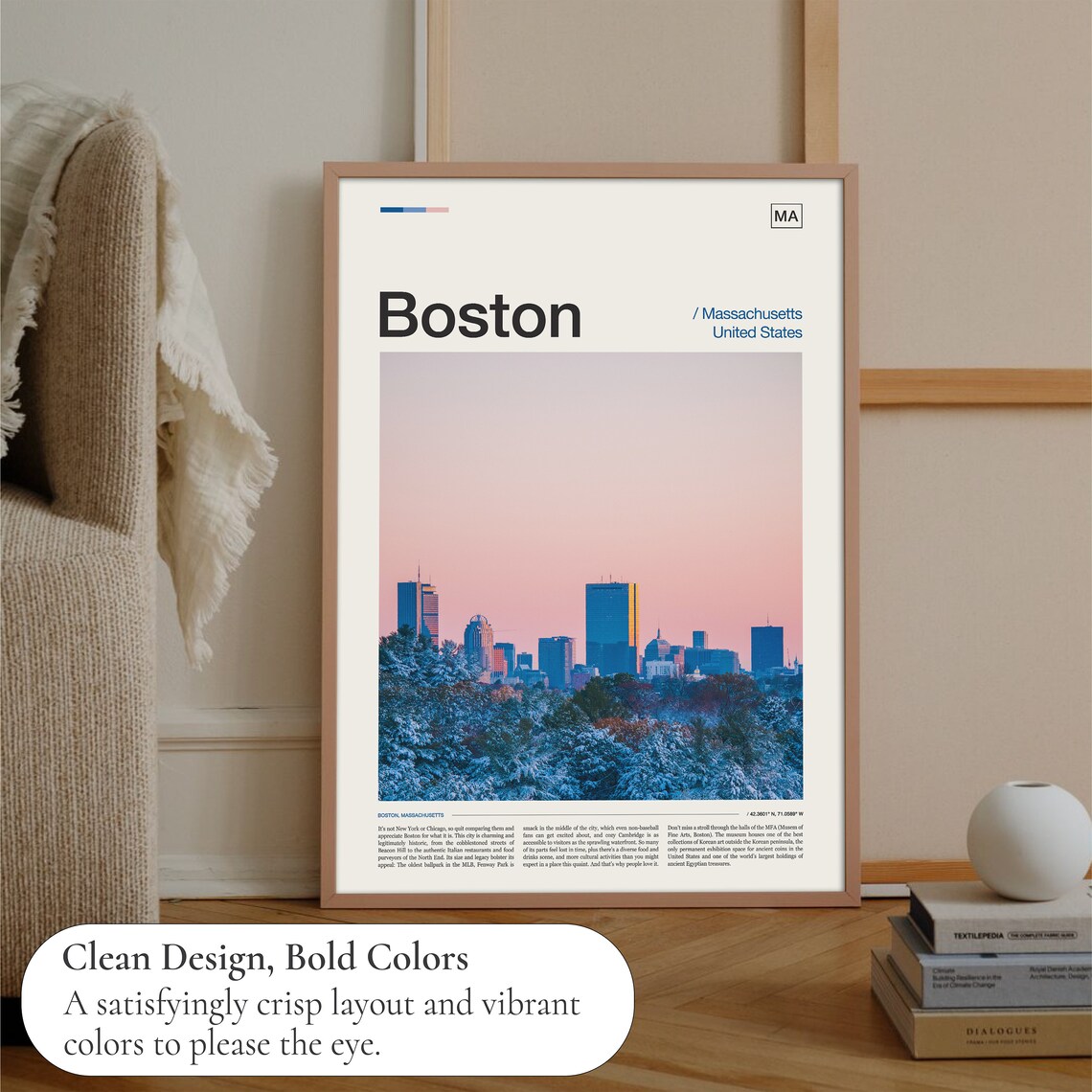 Boston Massachusetts Winter Skyline Sunset Snow City Travel Poster - Image 3