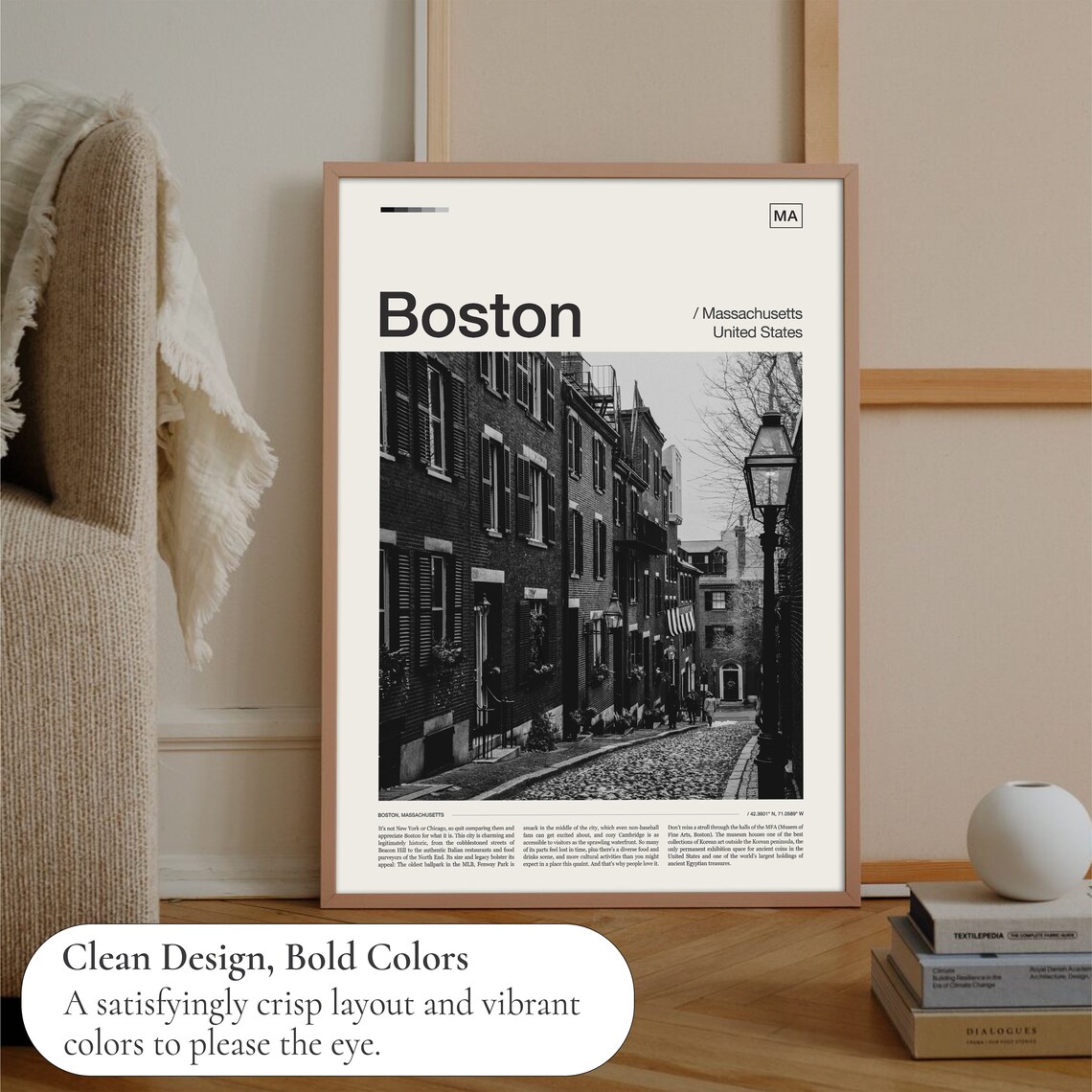 Boston Massachusetts Historic Beacon Hill Street Black White Photography Poster - Image 3