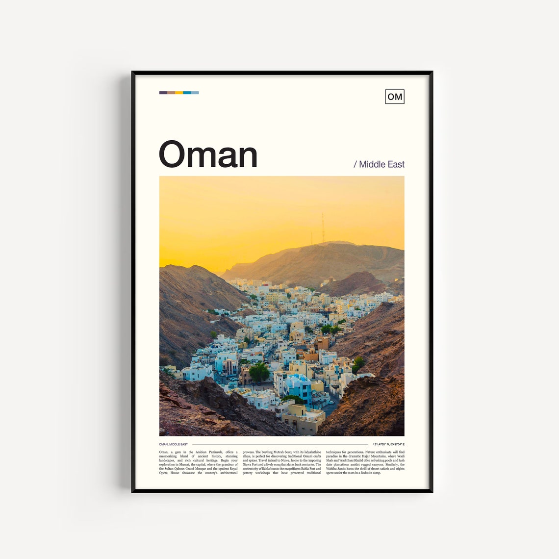 Oman Middle East Golden Sunset Over Hillside Town Travel Poster