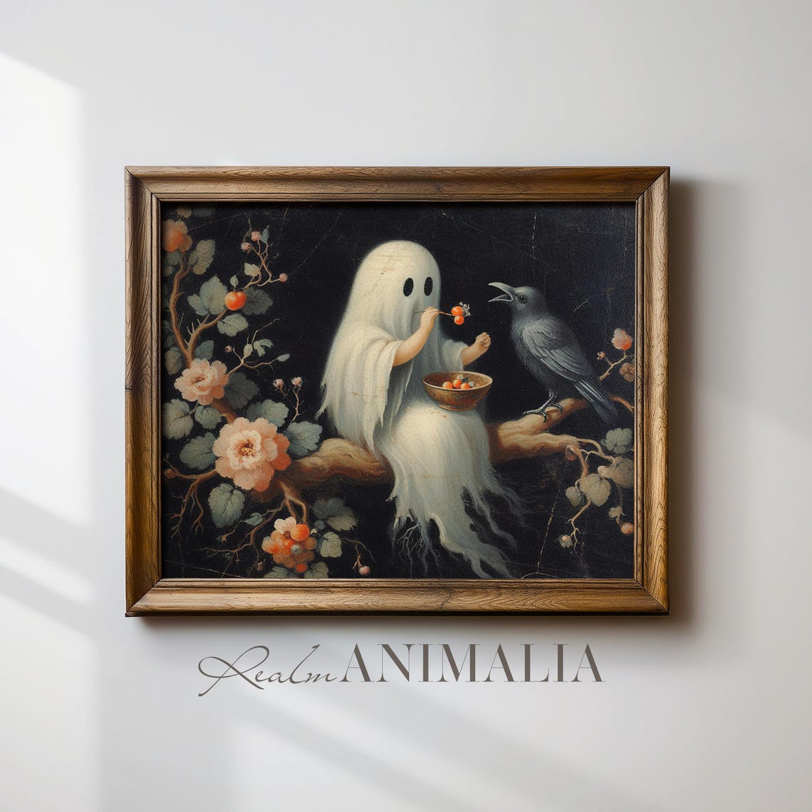 Ghost Feeding Crow On Blossom Branch Dark Floral Halloween Art Print - Image 2