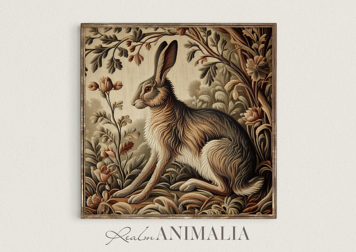 Seated Hare In Vintage Botanical Tapestry Embroidered Poster