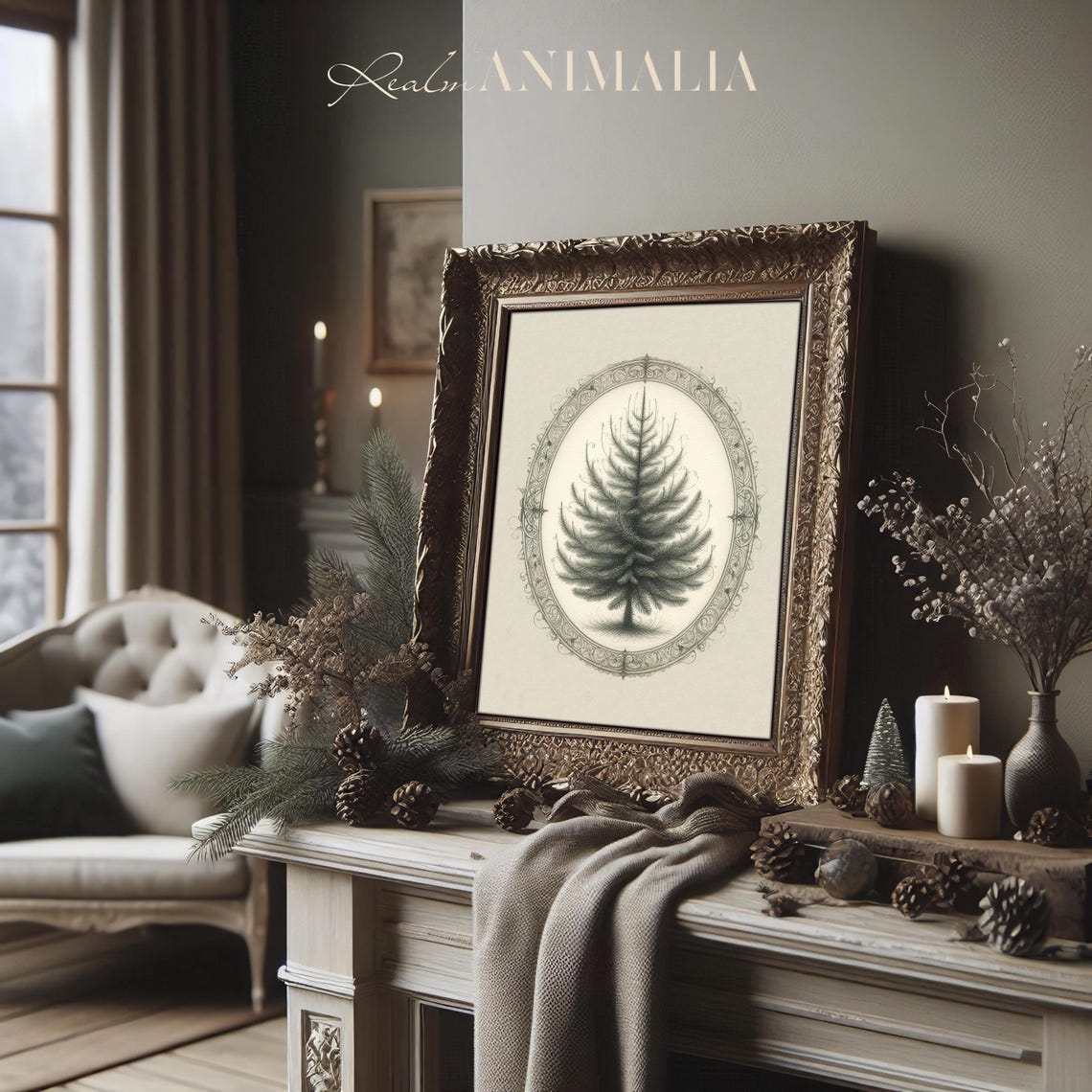 Minimalist Pine Tree Sketch In Ornate Oval Vintage Christmas Poster - Image 3