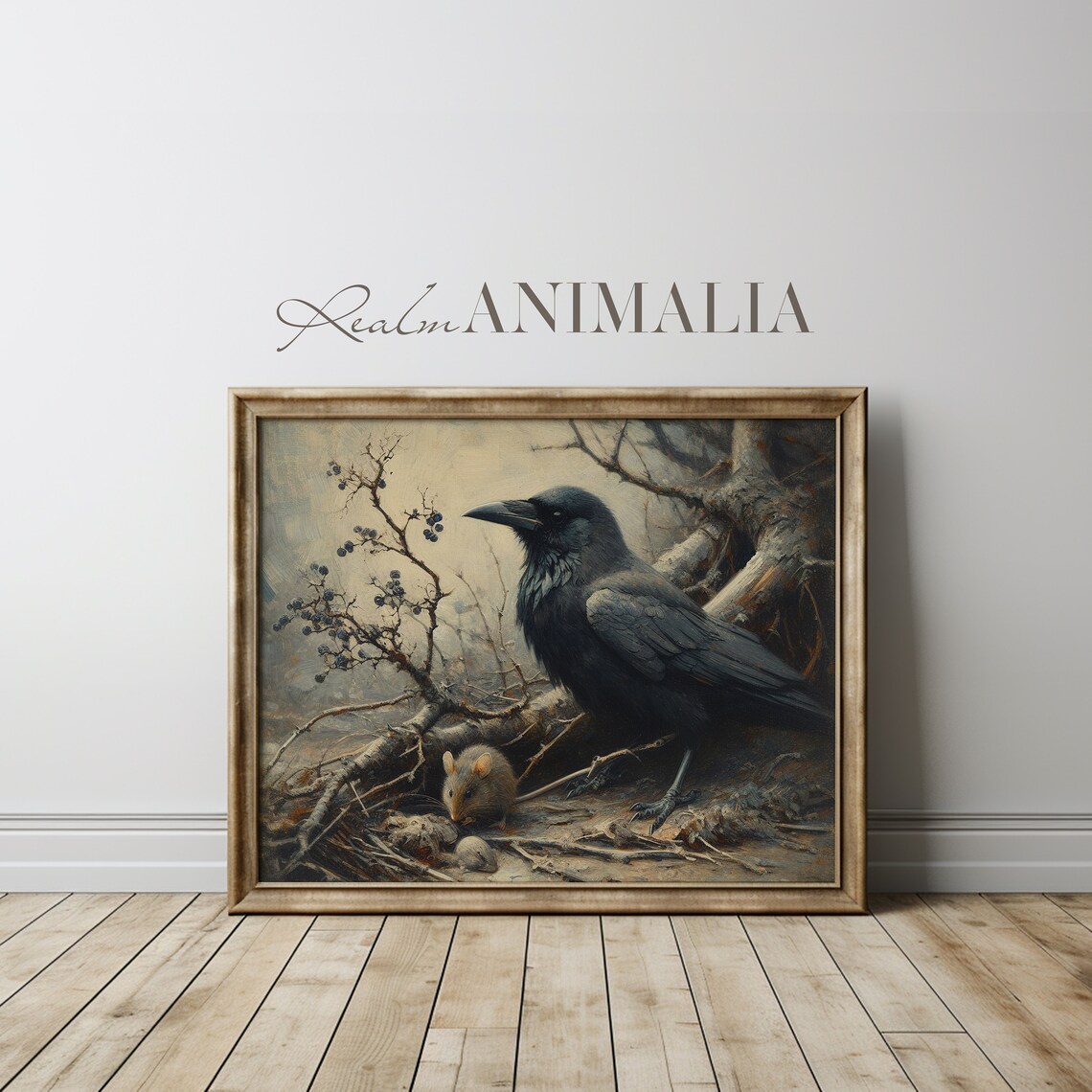 Crow And Mouse Woodland Scene Vintage Moody Wildlife Animal Art Print - Image 3