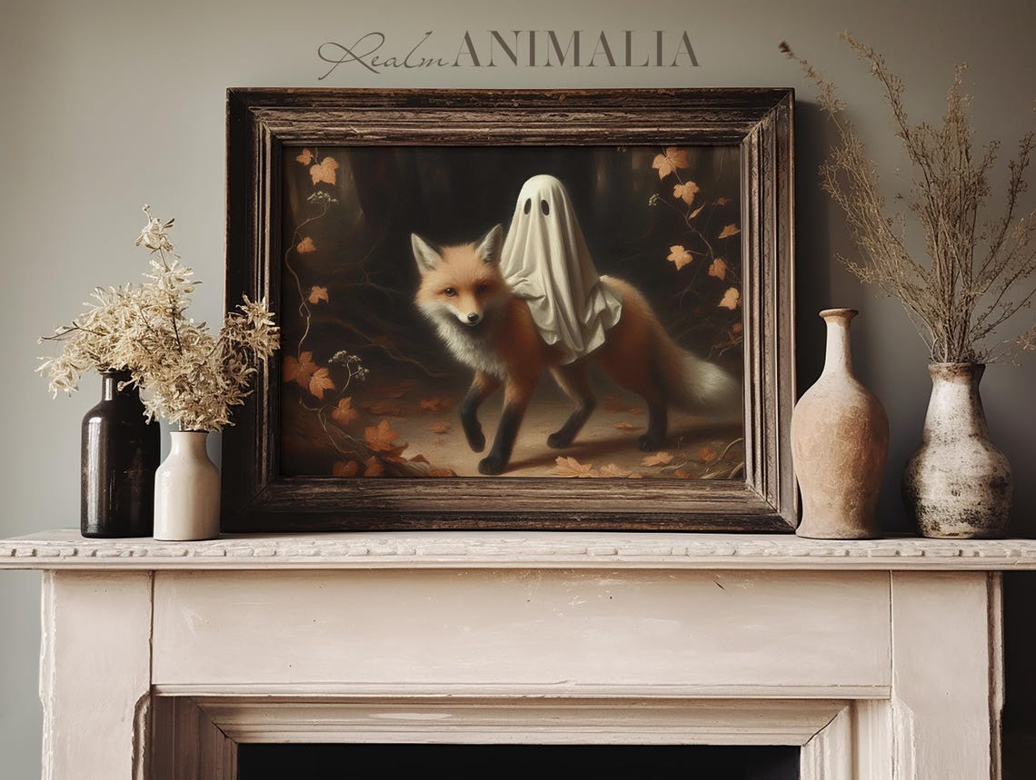 Little Ghost Riding On Fox Art Print Halloween Wall Art Whimsical Cute Ghost Painting Moody Fall Cottagecore Art Prints Gh129 - Image 3