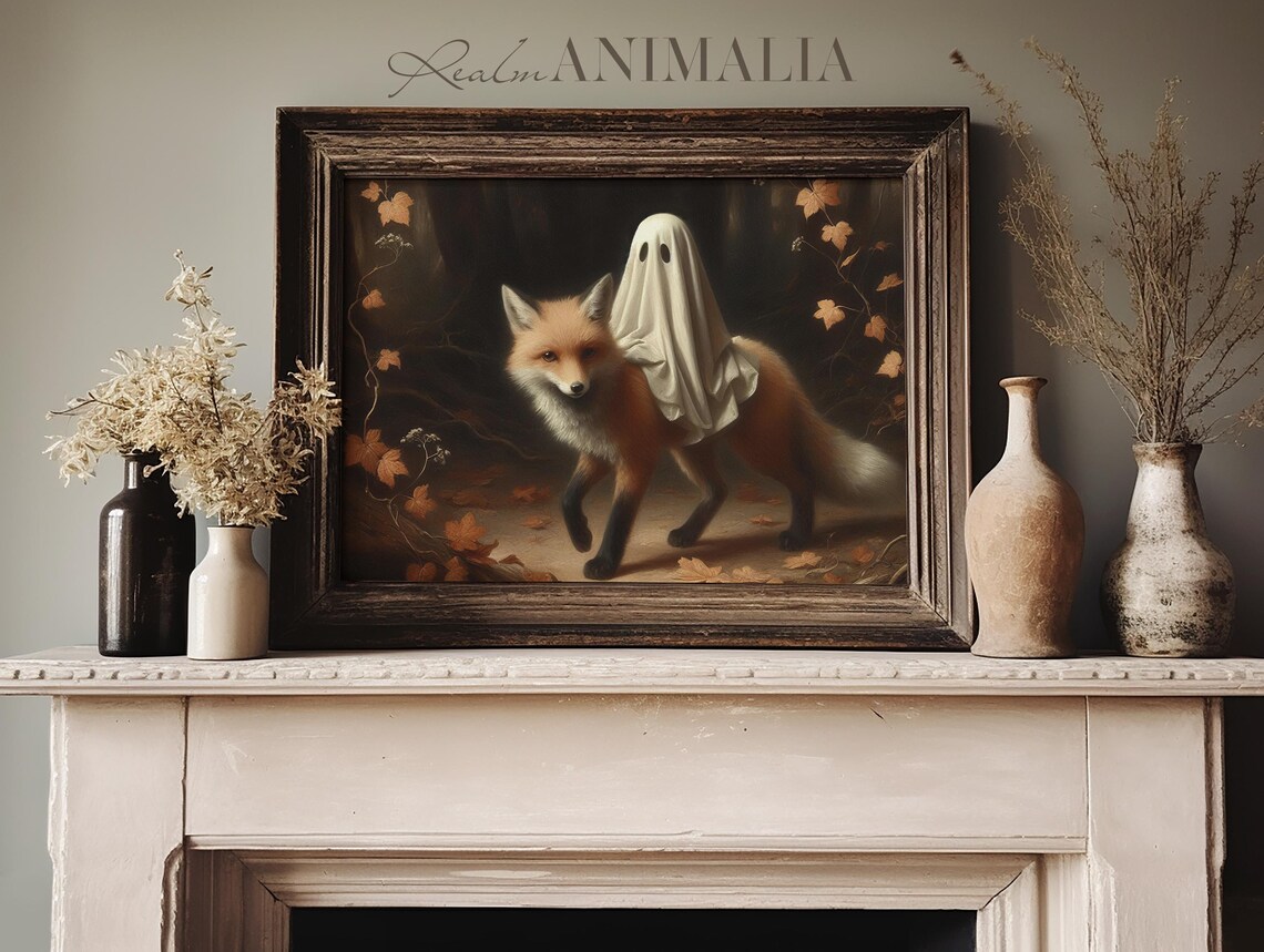 Little Ghost Riding Red Fox Autumn Leaves Dark Forest Halloween Art Poster - Image 3