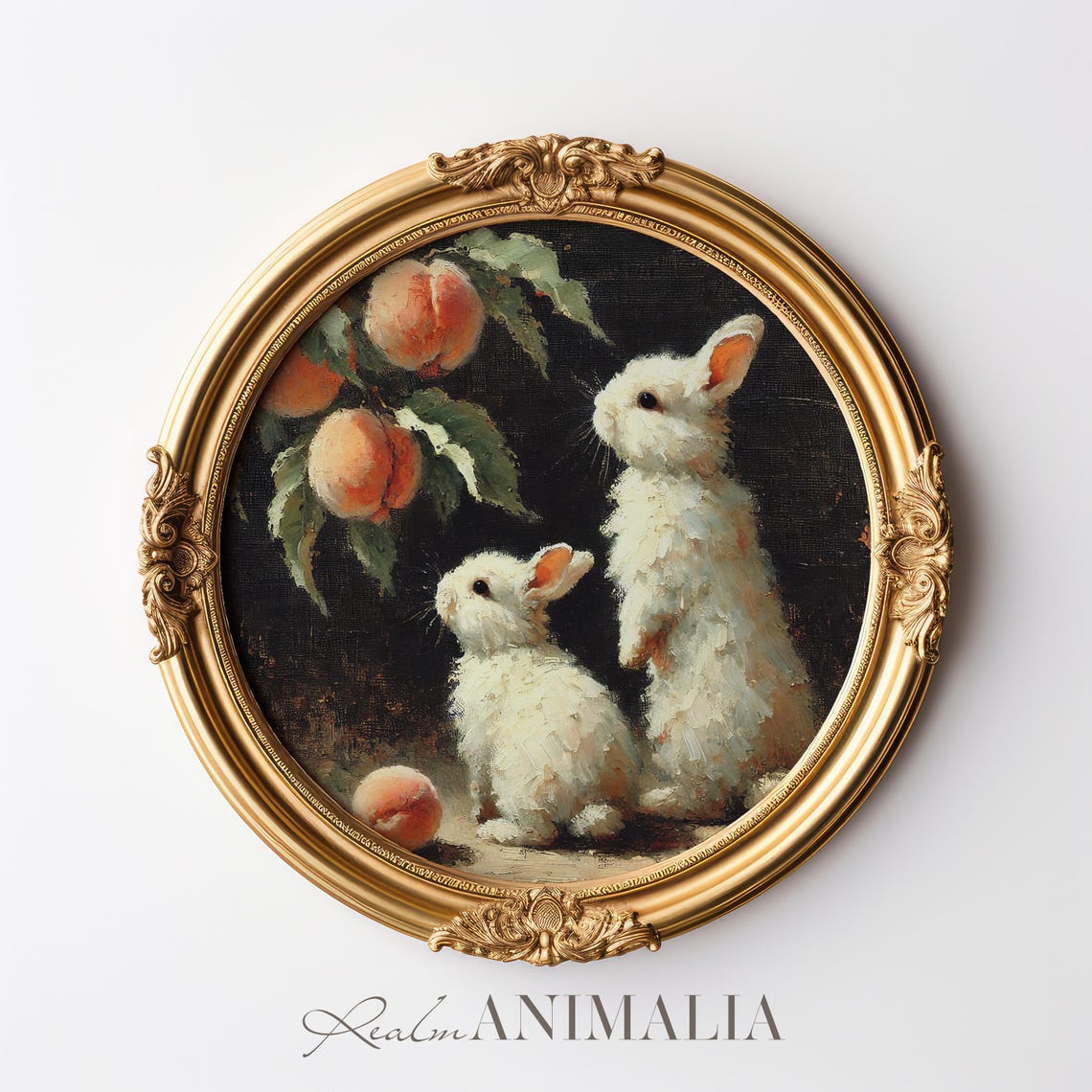 Two White Bunnies Gazing Up At Peaches Moody Vintage Painting Poster - Image 2
