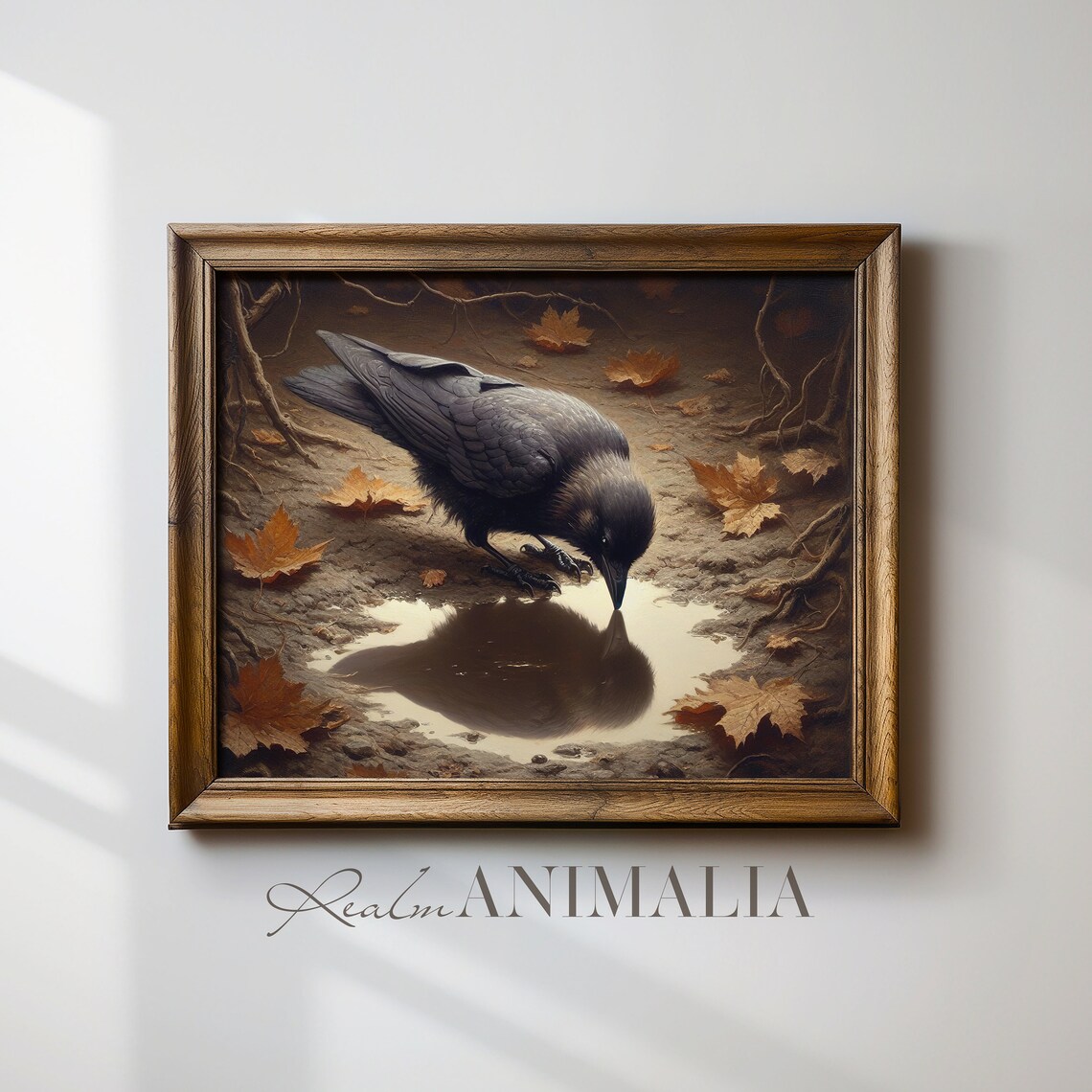 Autumn Crow Vintage Oil Painting Drinking Puddle Fallen Leaves Moody Poster - Image 2