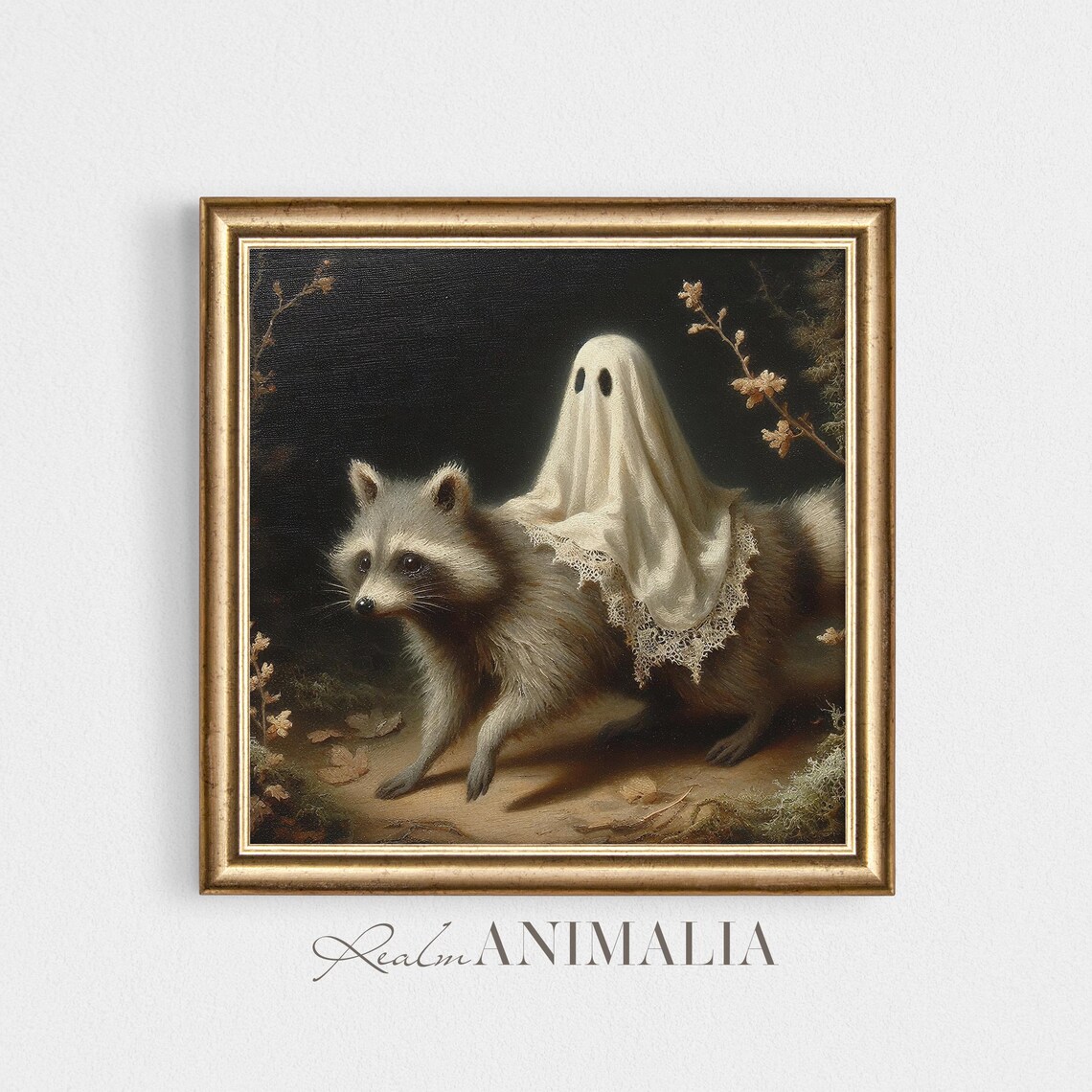 Little Ghost Riding on Raccoon Vintage Halloween Art Print - Image 2