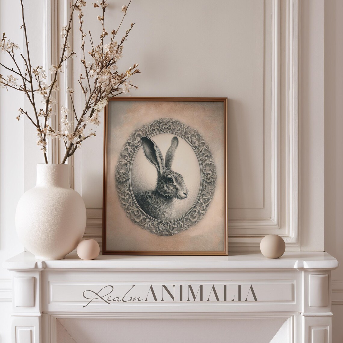 Rabbit Sketch Vintage Hare Illustration Neutral Spring Framed Oval Drawing Print - Image 2