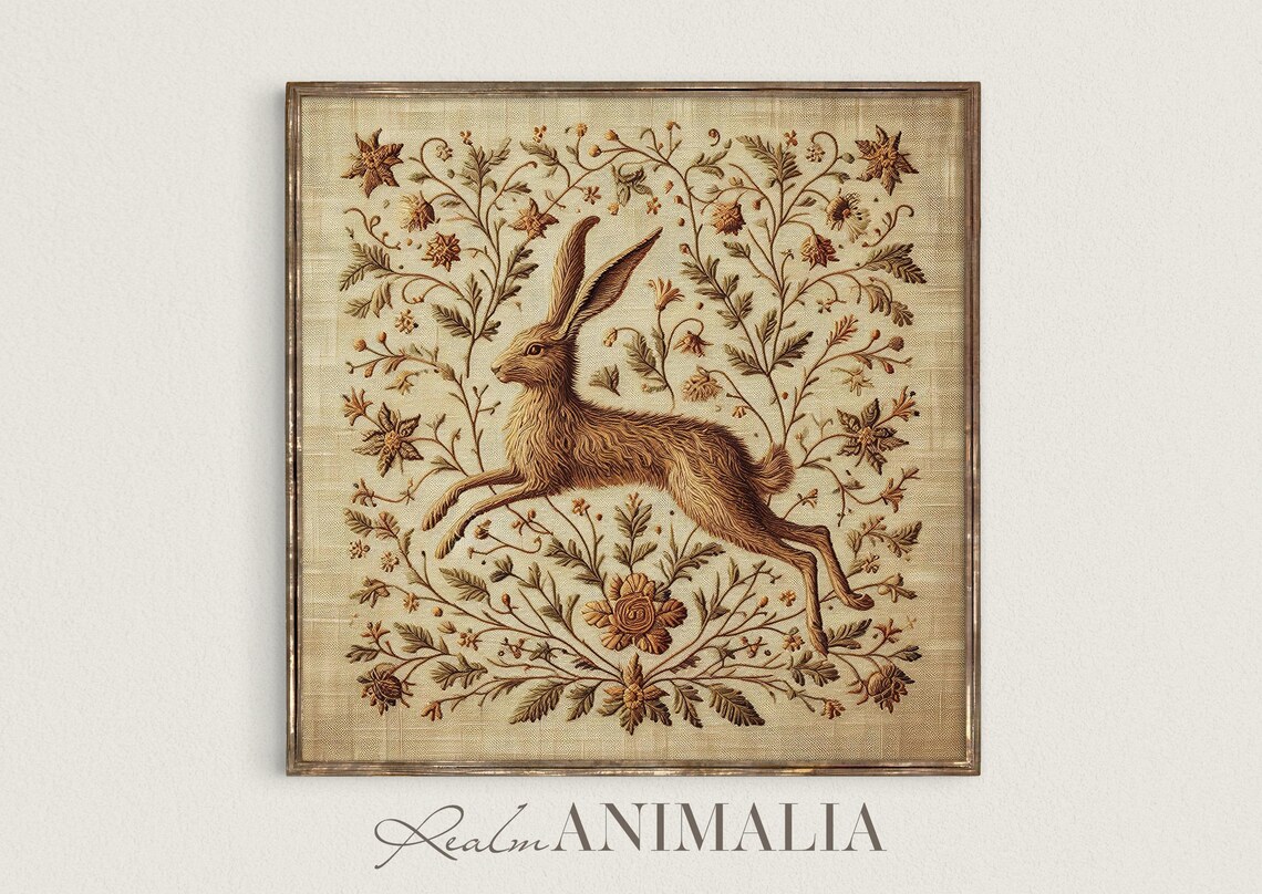 Leaping Hare On Vintage Embroidered Tapestry With Botanical Florals Poster