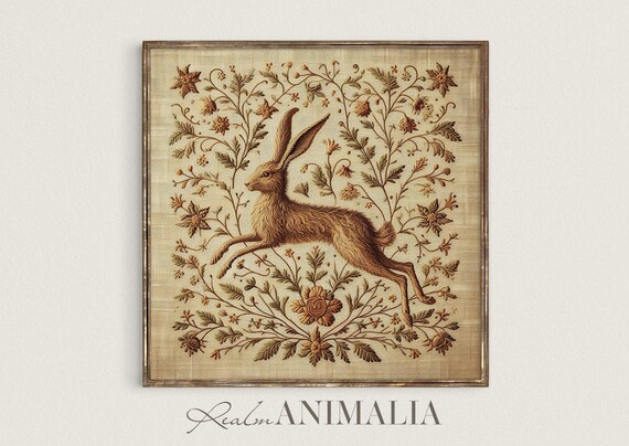 Leaping Hare On Vintage Embroidered Tapestry With Botanical Florals Poster