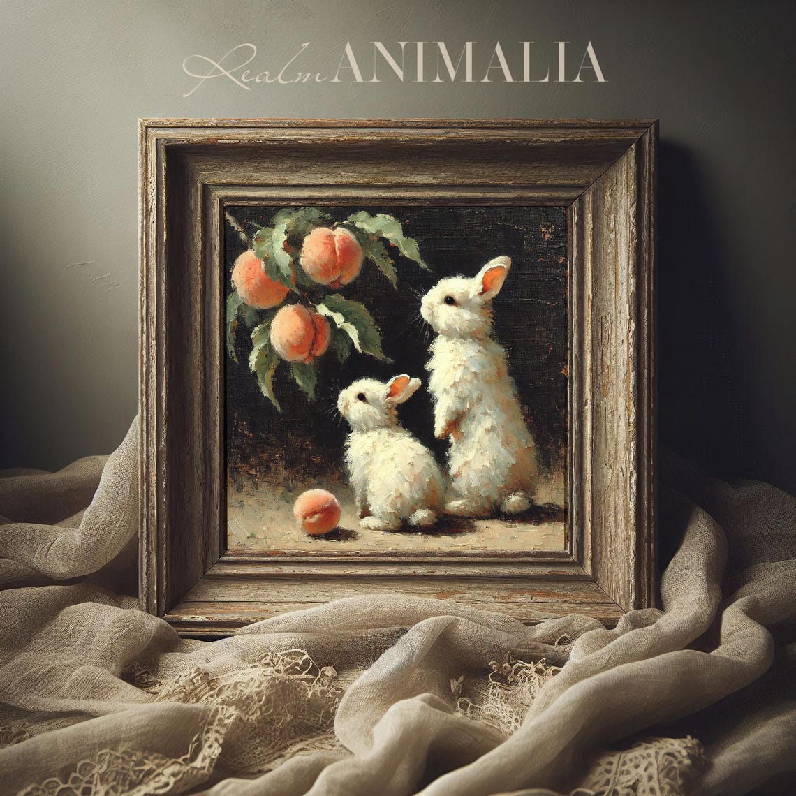 Two White Bunnies Gazing Up At Peaches Moody Vintage Painting Poster - Image 3