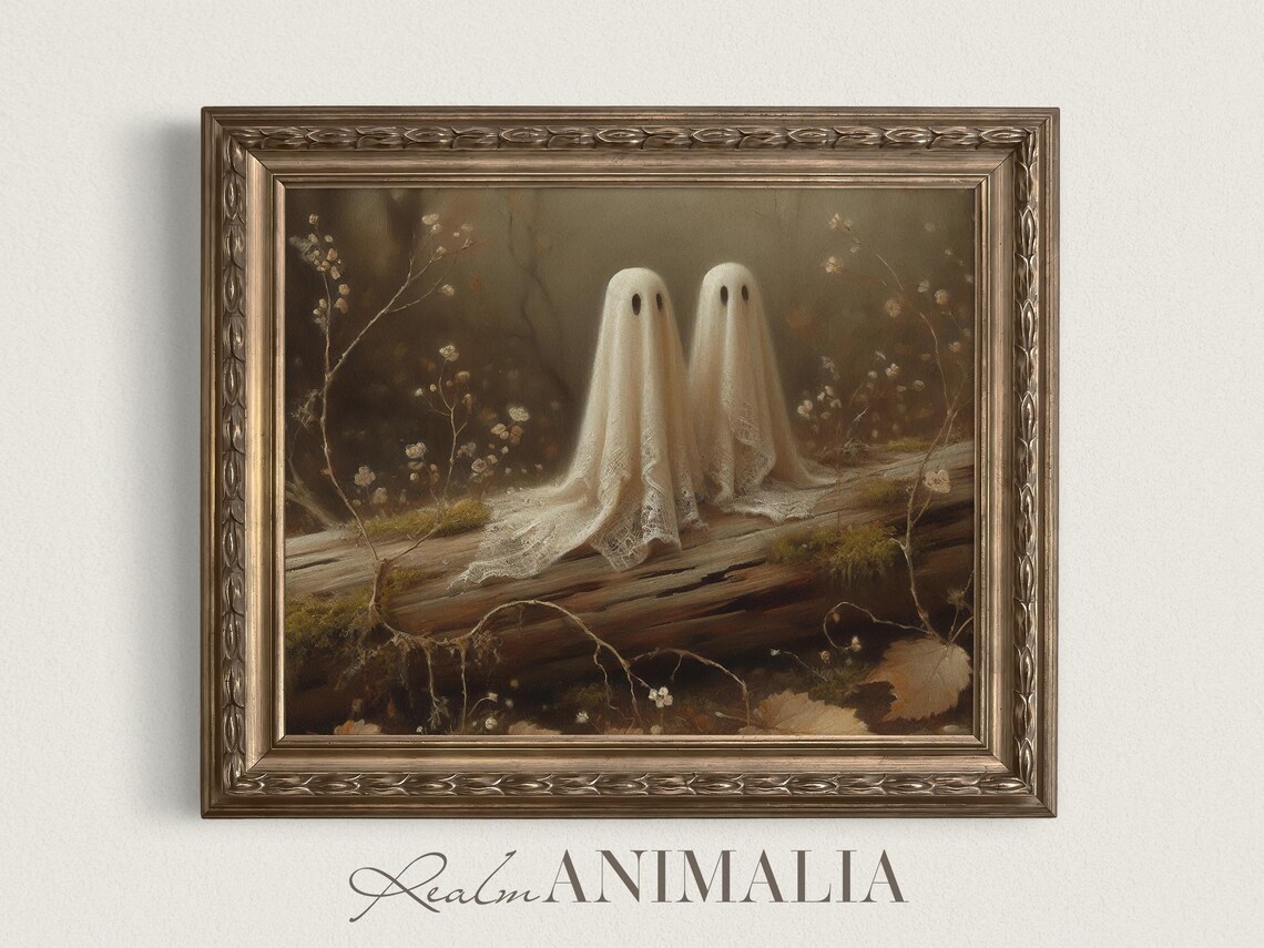 Two Cute Ghosts On Fallen Log Misty Forest Vintage Halloween Wall Poster