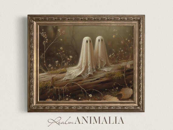 Cute Victorian Ghosts Print Neutral Halloween Wall Art Moody Vintage Style Fall Painting Woodland Forest Cottagecore Art Gh121