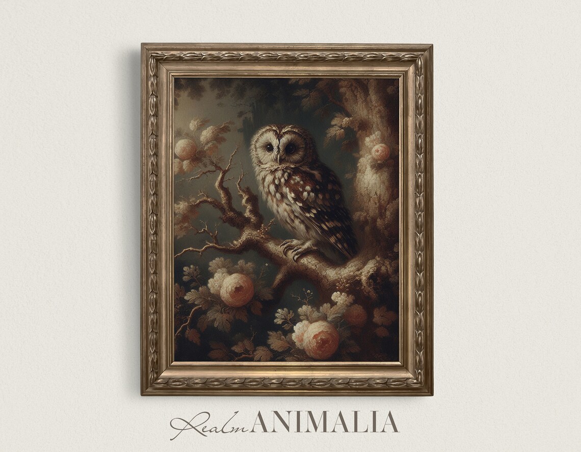 Vintage Owl Perched On Branch With Pink Blossoms Dark Moody Art Poster