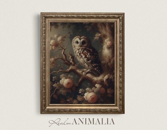 Vintage Owl Painting Moody Floral Botanical Owl Wall Art Owl Bird Art Print Antique Aesthetic Owl Ow005