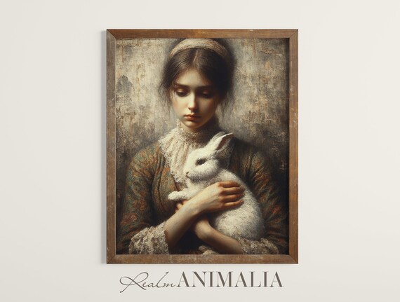 Vintage Girl Holding White Rabbit Tender Oil Painting Portrait Art Poster