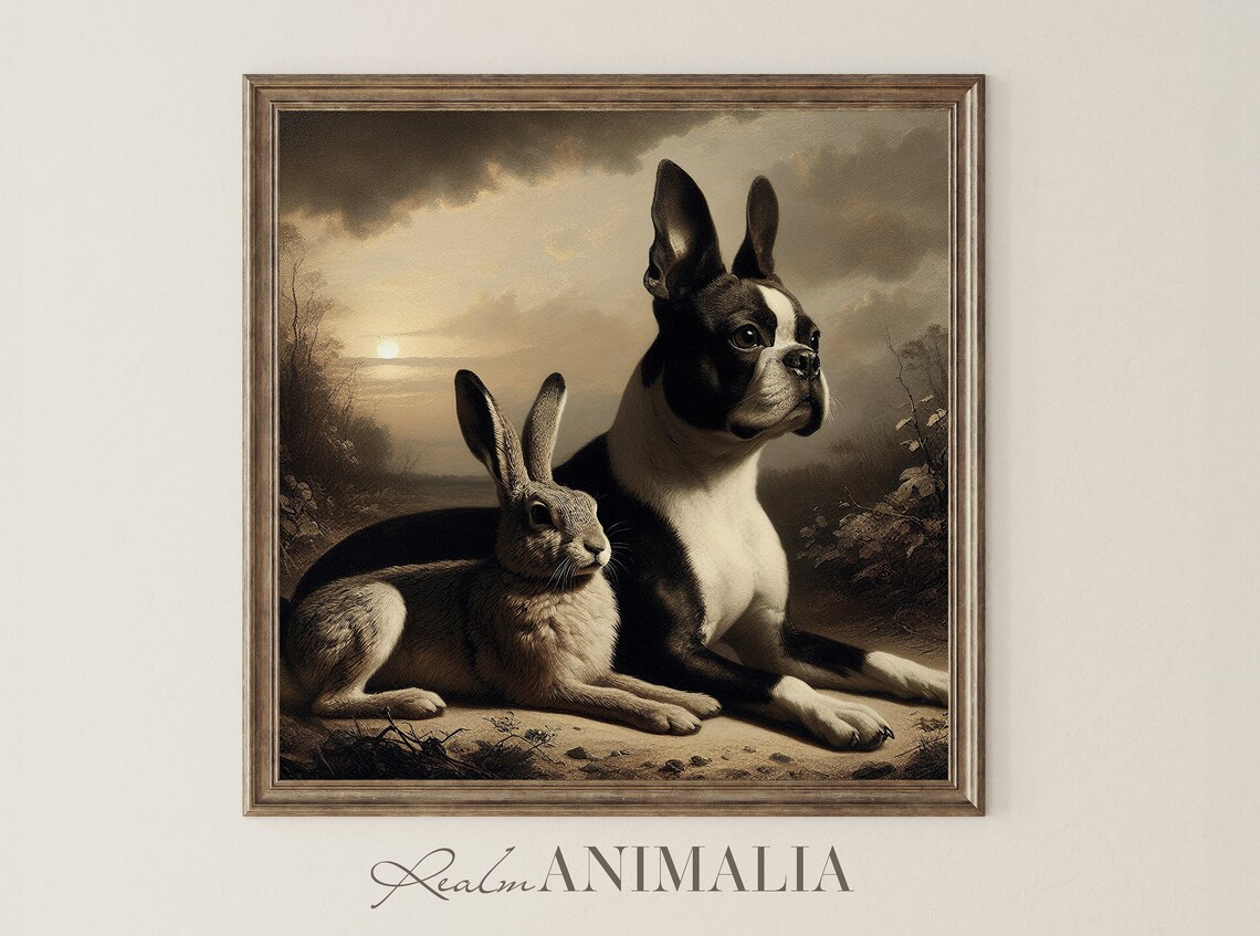 Boston Terrier And Hare Vintage Animal Friends Art Print