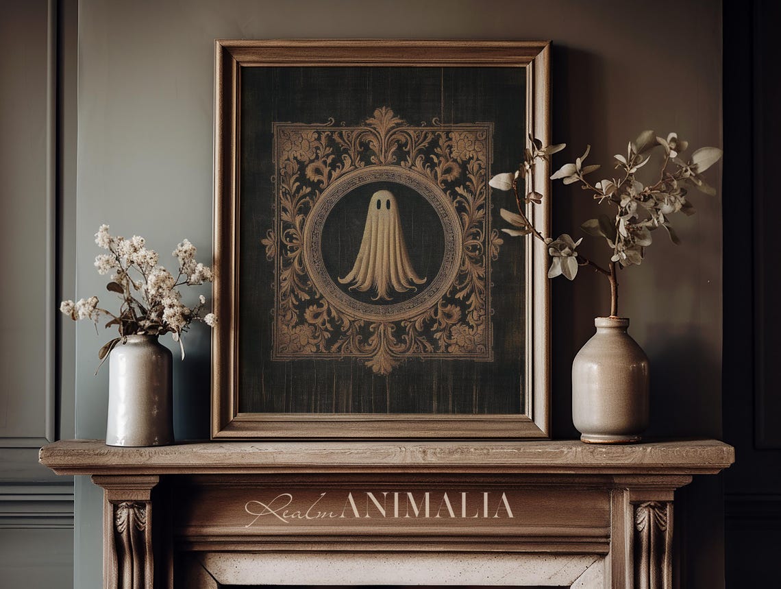 Ghost In Square Gold Tapestry Medallion Black Gothic Art Print - Image 3