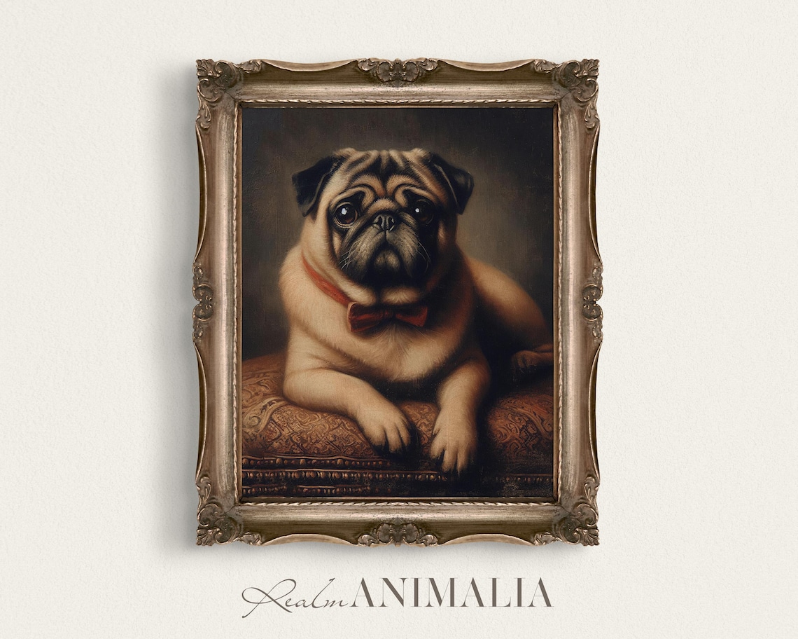 Fawn Pug With Red Bowtie Vintage Style Oil Portrait Dog Art Print