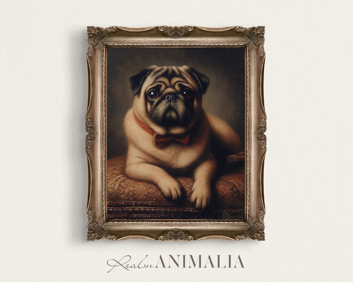 Pug Portrait Print Wall Art Vintage Style Dog Painting Pet Portrait Fine Art Fawn Pug Dog Wall Art Pg001