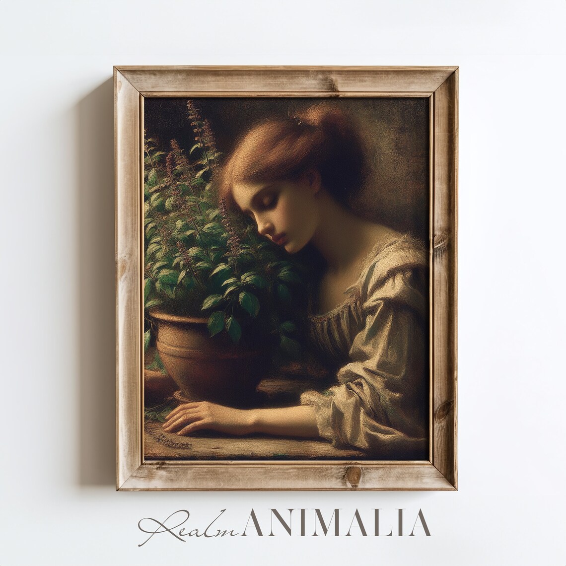 Vintage Woman Smelling Basil Plant Warm Dark Romantic Oil Painting Art Print - Image 2