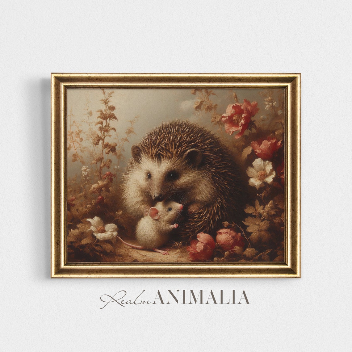Hedgehog And Mouse Friends Vintage Print Animal Friendship Poster Cute Wildlife Animal Painting Floral Nature Wall Art Af002 - Image 2