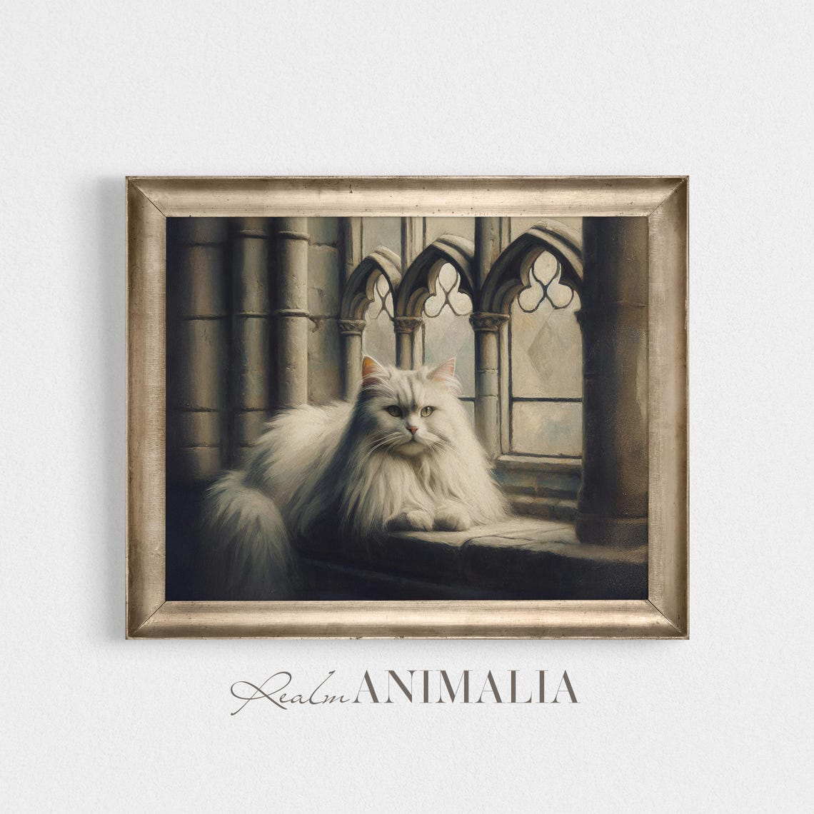 White Persian Cat On Gothic Cathedral Window Moody Portrait Poster - Image 4