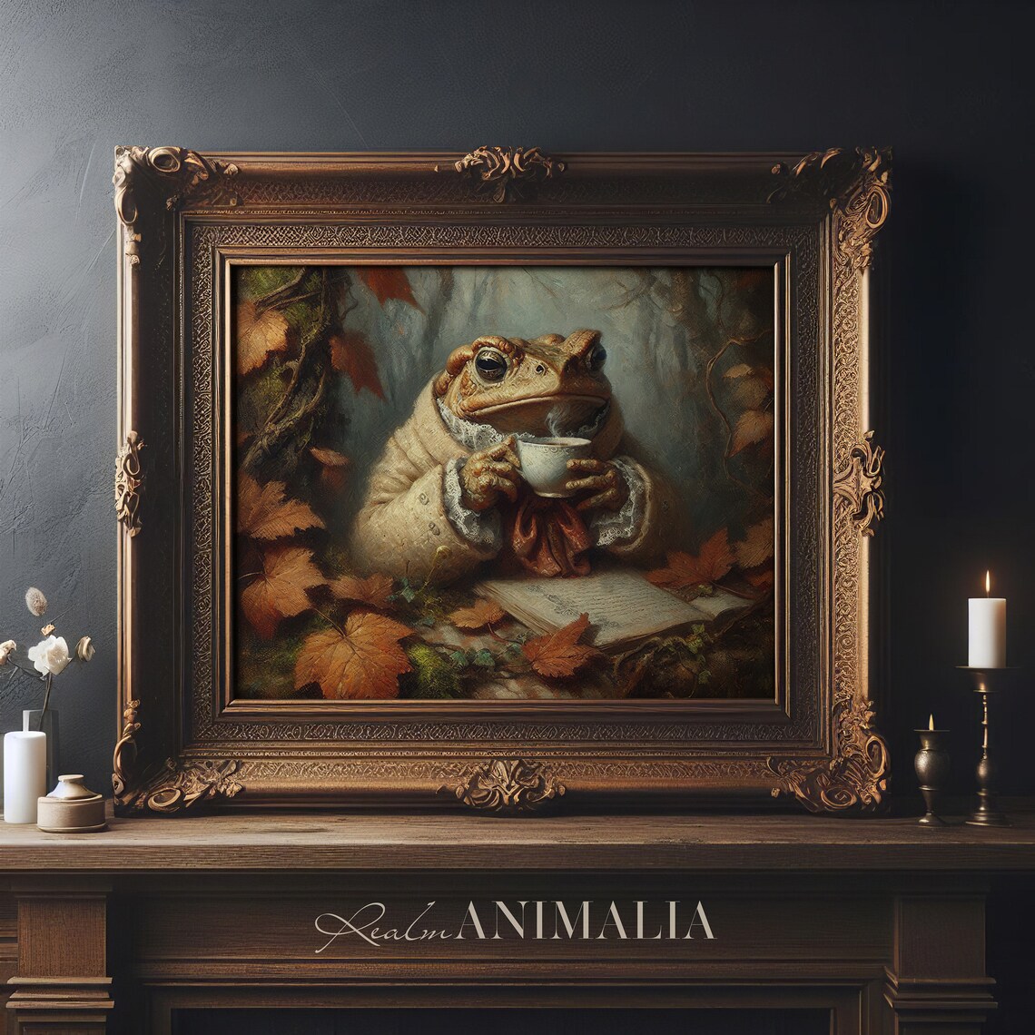 Autumn Toad Drinking Coffee, Whimsical Vintage Art Print - Image 3