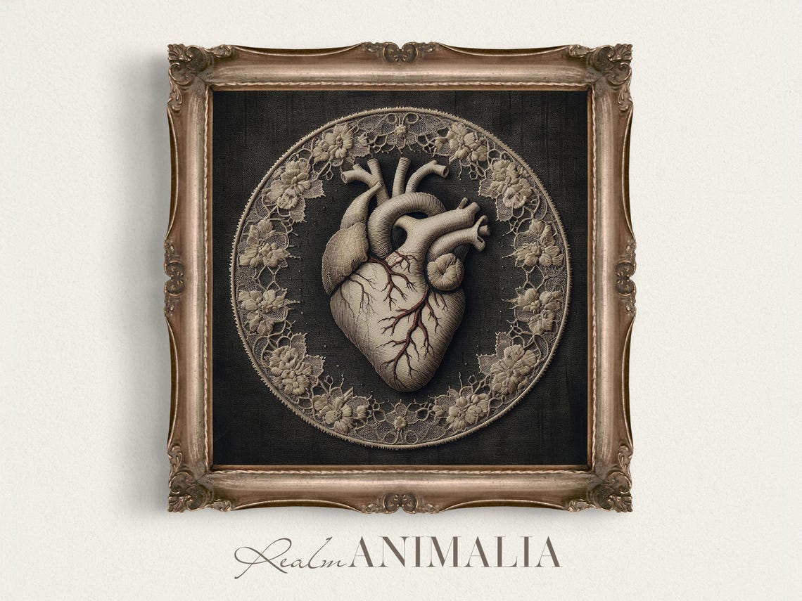 Anatomical Heart Embroidered On Black With Lace Circle Wall Art