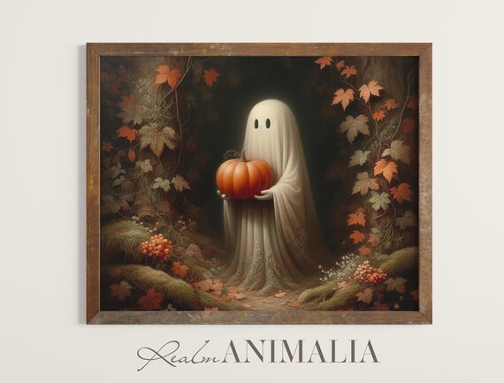 Autumn Forest Ghost With Pumpkin Art Print Halloween Wall Art Vintage Fall Ghost Painting Moody Spooky Season Home Decor Gh118