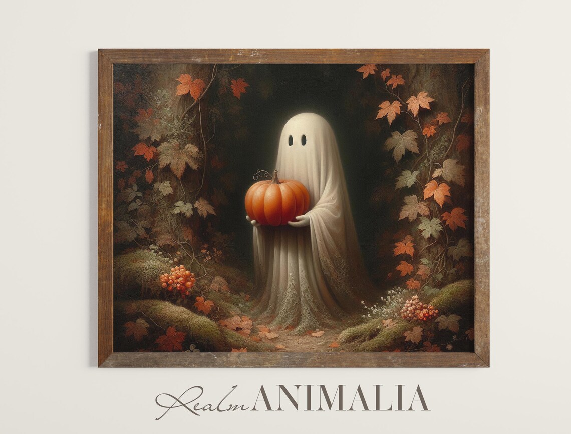 Little Ghost Holding Orange Pumpkin Dark Autumn Forest Halloween Poster