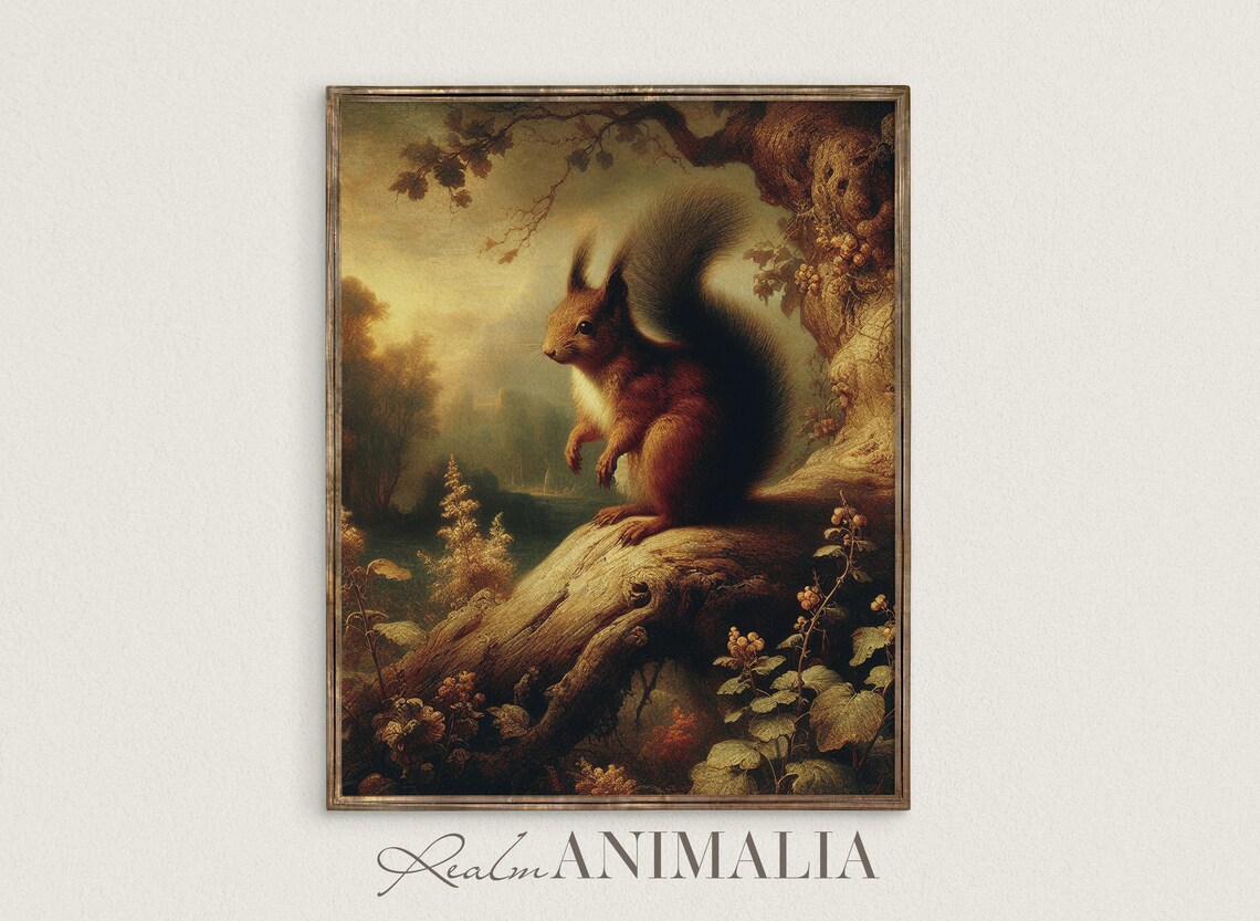 Vintage Squirrel Painting, Moody Cottage Nature Print