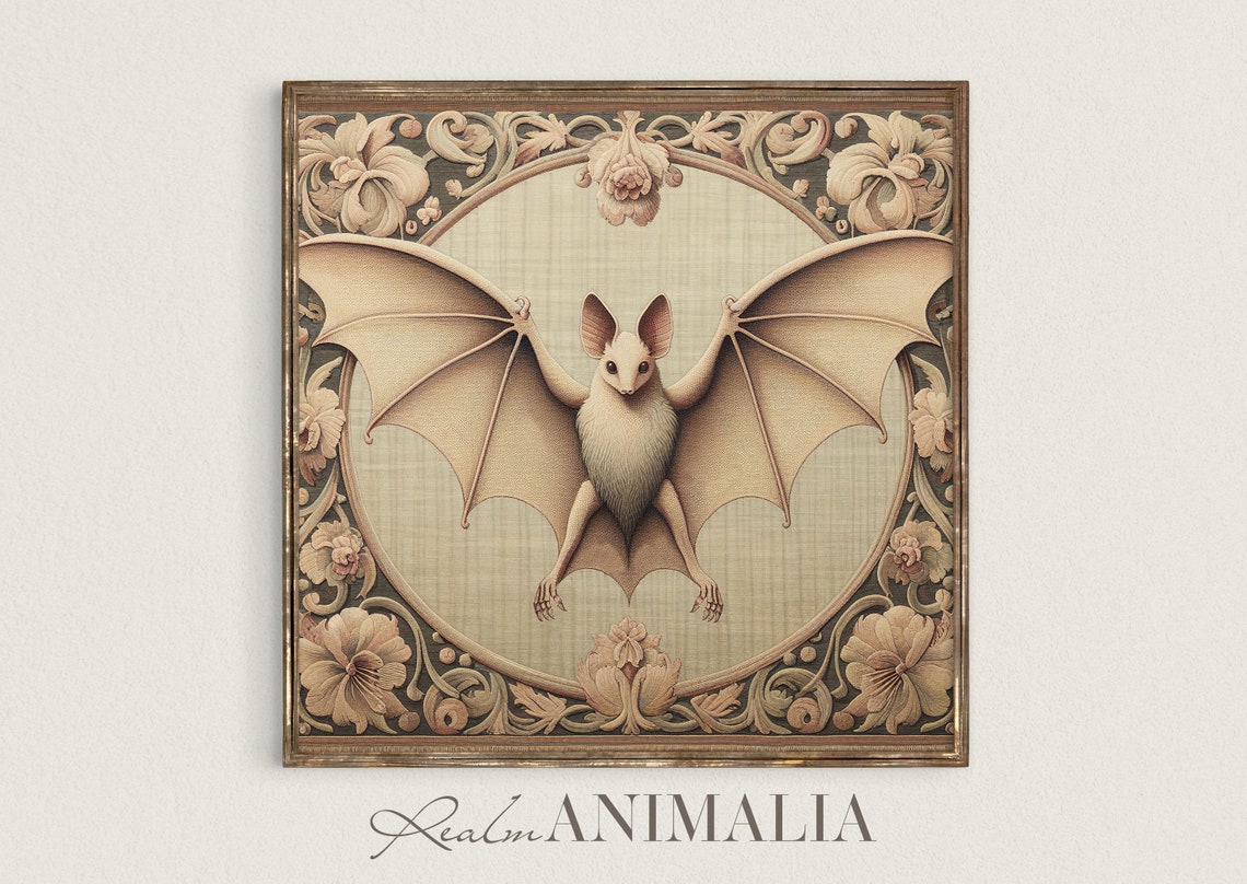 White Bat Floral Tapestry Medallion Vintage Textile Square Art Print