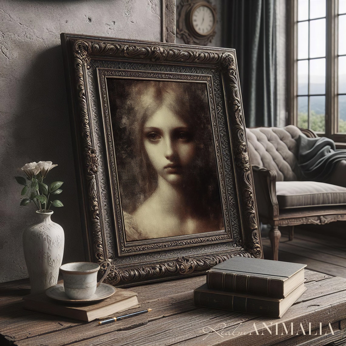 Vintage Female Portrait Painting Antique Woman Print Gothic Victorian Lady Wall Art Dark Moody Mysterious Portrait Art Hu004 - Image 3