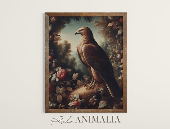 Antique Hawk Painting Hawk Bird Vintage Wall Art Moody Floral Botanical Hawk Scenery Fine Art Print Hk001
