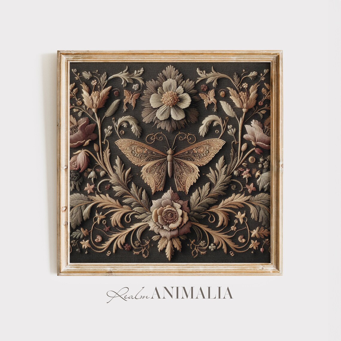 Vintage Textile Embroidery Print, Floral Butterfly Tapestry - Image 4