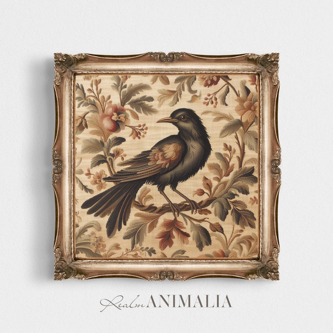 Blackbird On Branch Vintage Botanical Tapestry Floral Poster - Image 2