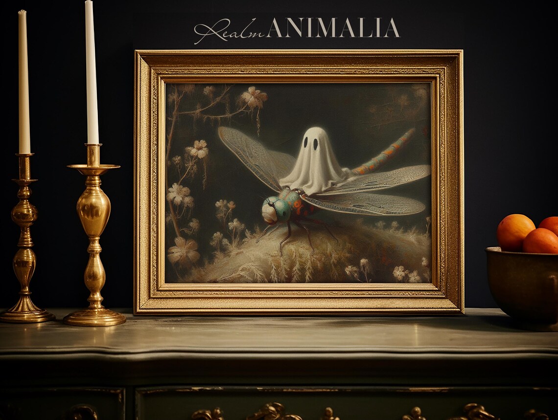 Little Ghost Riding Dragonfly Dark Botanical Moody Halloween Wall Art Poster - Image 3