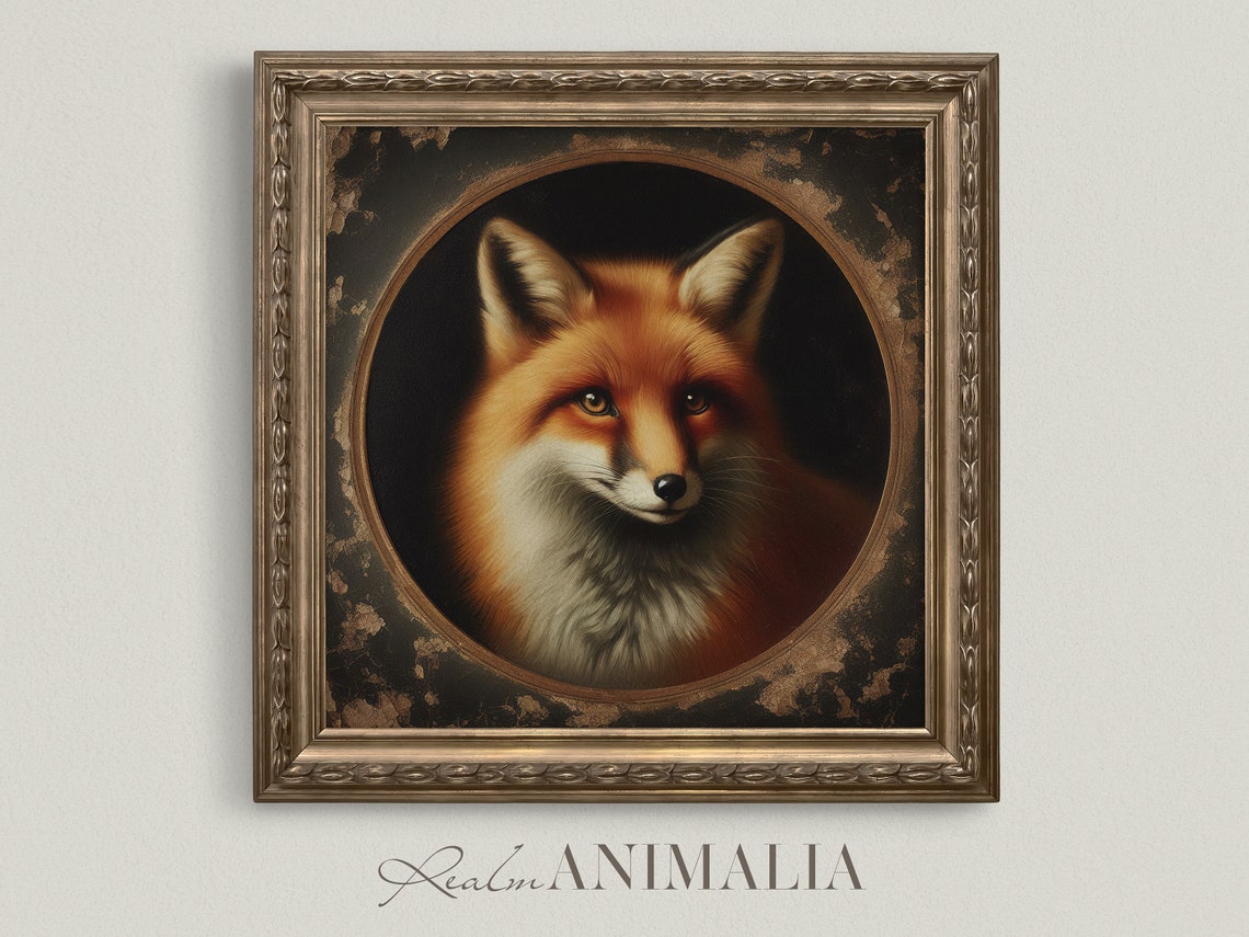 Red Fox Portrait In Circular Dark Gold Frame Moody Animal Art Print