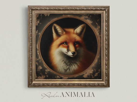 Red Fox Portrait In Circular Dark Gold Frame Moody Animal Art Print