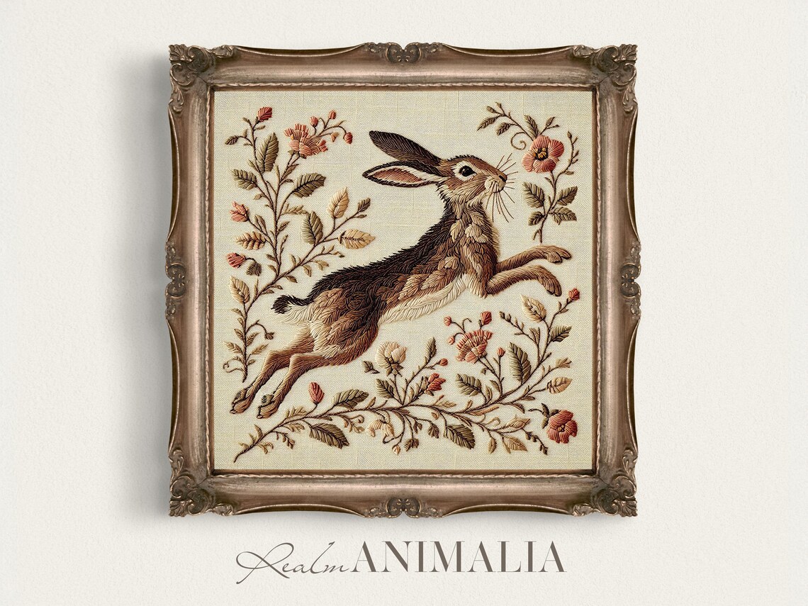 Botanical Rabbit Embroidery Art Print, Vintage Textile
