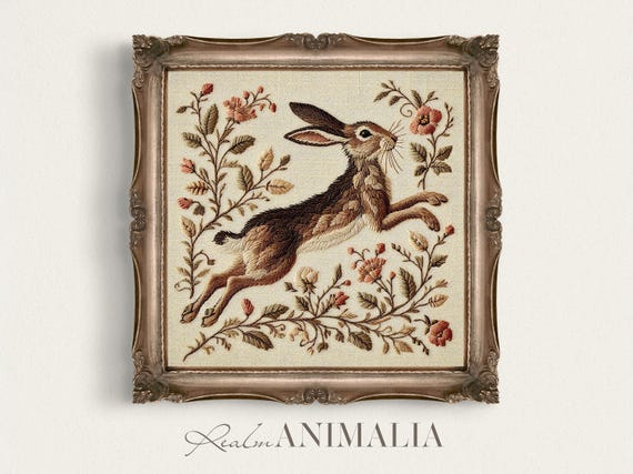 Botanical Rabbit Embroidery Art Print, Vintage Textile