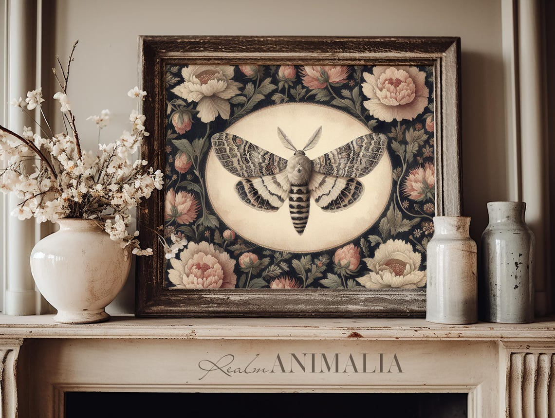 Large Vintage Moth In Oval Medallion Dark Floral Tapestry Poster - Image 3