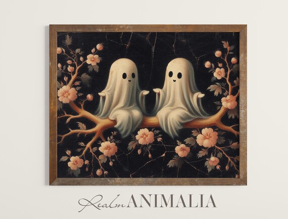 Two Little Ghosts On Flowering Branch Dark Botanical Halloween Print