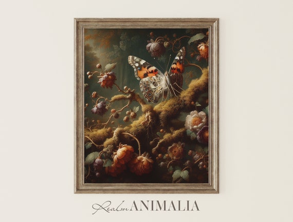 Moody Botanical Butterfly Art Print Vintage Floral Butterfly Painting Cottagecore Butterfly Wall Art Bf004