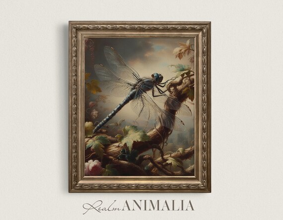 Antique Dragonfly Painting Vintage Aesthetic Insect Wall Art Moody Dragonfly Fine Art Print Insect Dr004